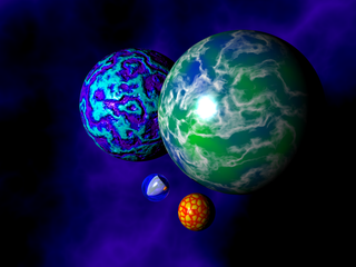 rendered image of a spaceship approaching three colourful planets
