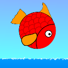 A round, red fish jumps out of the blue sea